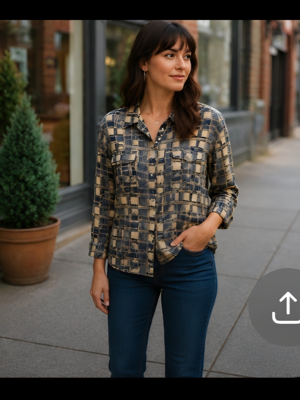 Relaxed Button-Down Silk Shirt in Beige and Black Plaid P2P 21 1493 SM